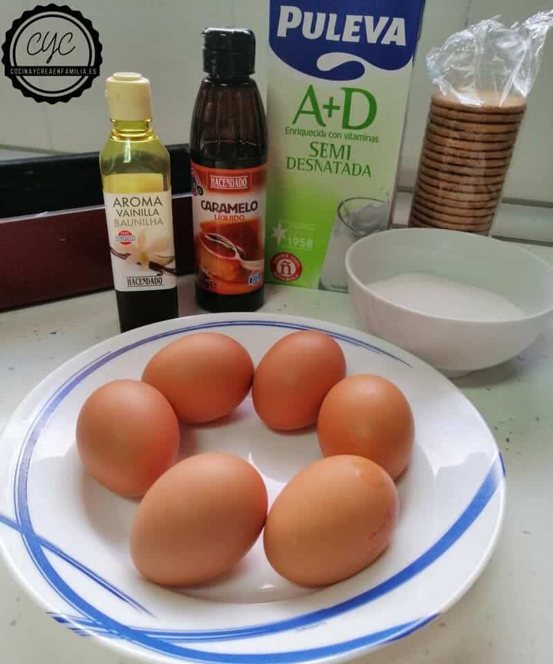 ingredientes para el flan casero con 6 huevos y 1 litro de leche