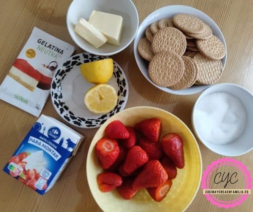 ingredientes para la tarta de fresa sin horno